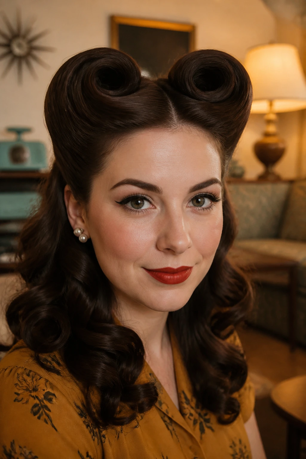 Portrait of a woman with classic victory rolls in a retro living room