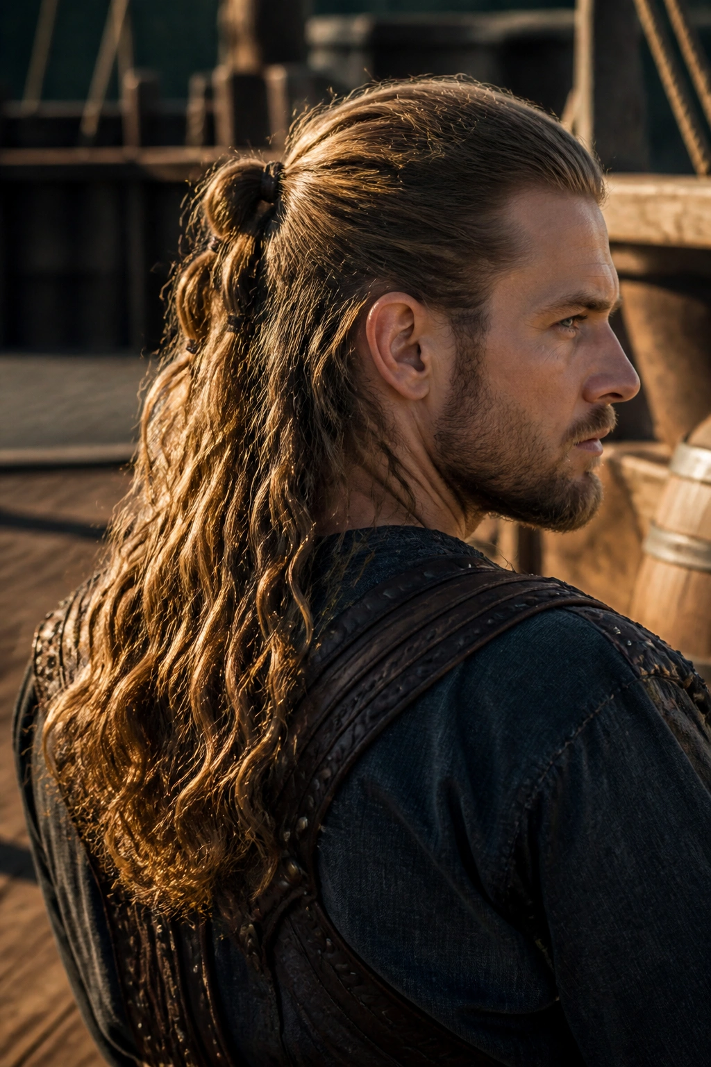 Back view of a man with long wavy hair tied back in a Viking-style tie.