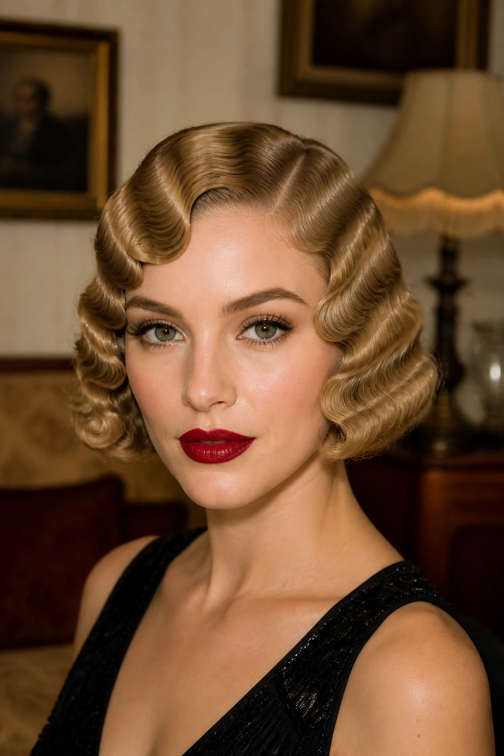 Close-up of a woman with vintage finger waves hairstyle