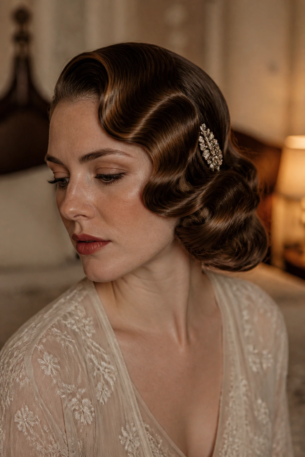 Close-up of Vintage Finger Waves with Side Clip on a real bride