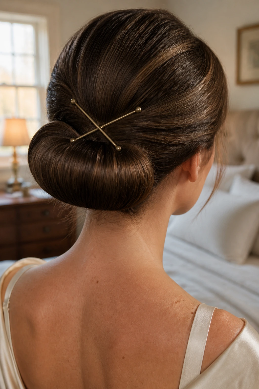 Close-up of a real woman's nape showing a vintage roll bun pinned in an X at the neck.