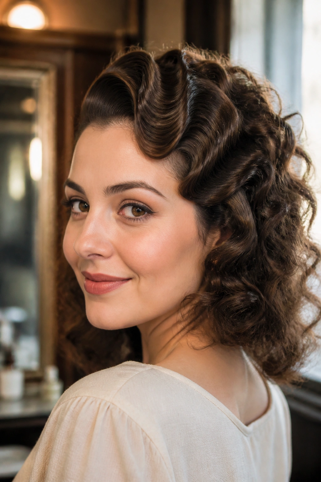 Real woman with sculpted front waves and textured back all in hair.