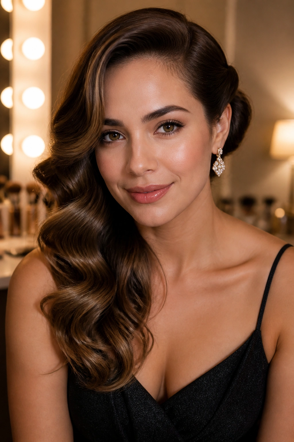 Close-up of vintage side-swept waves on a real woman for dressy nights