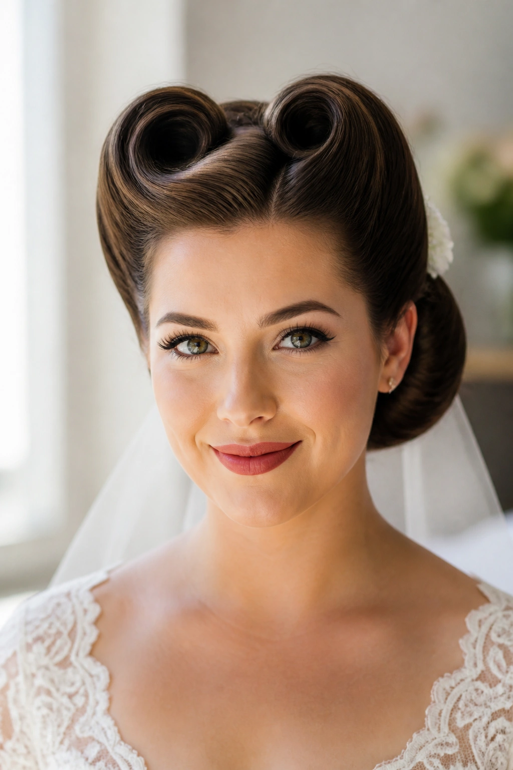 Front view of a bride with vintage victory rolls framing the face.