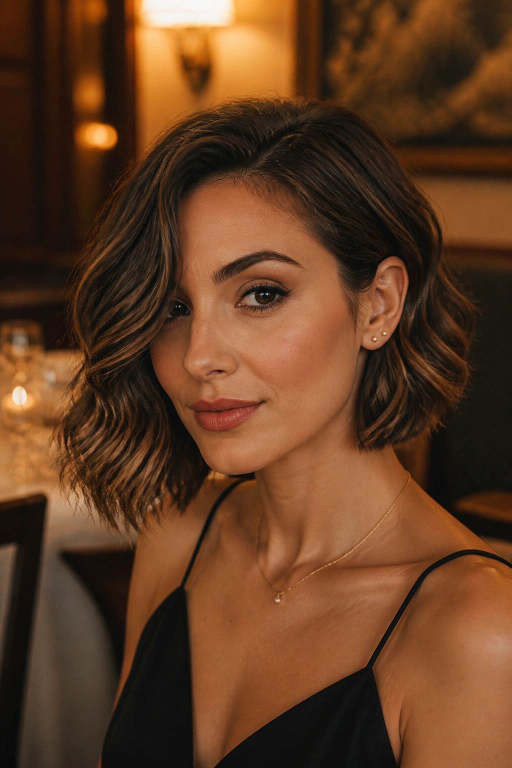 Close-up portrait of a real woman with a vintage-inspired wave bob.