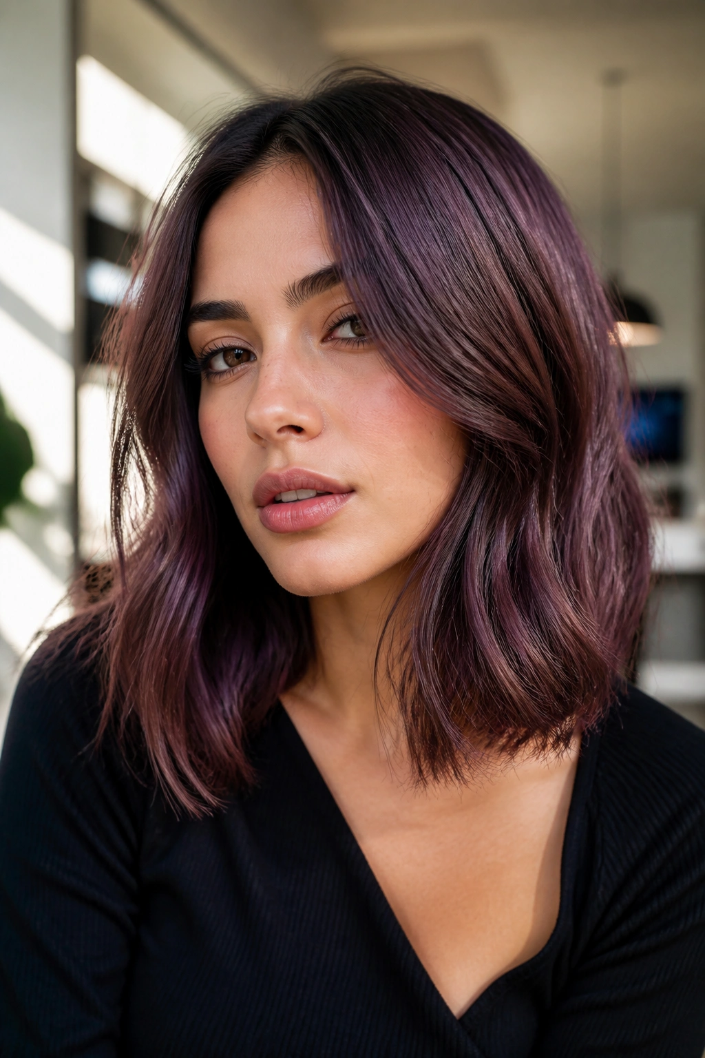 Real woman with violet-brown sheen hair in bright light