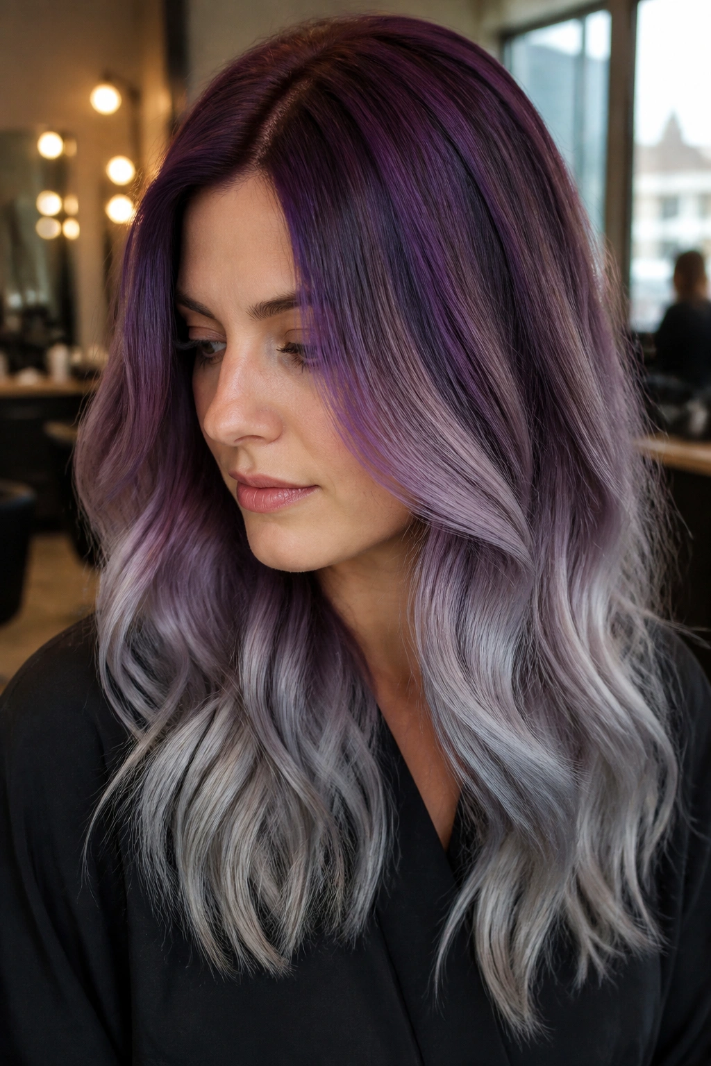 Close-up of a real woman with a deep violet to grey hair fade (plum roots, slate mid, silver ends) under warm salon light