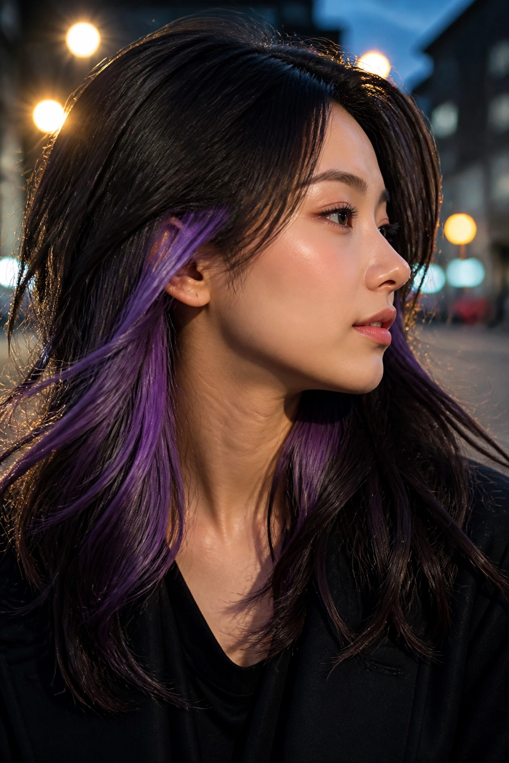 Person with dark hair and violet peekaboo panels peeking from under the top layer