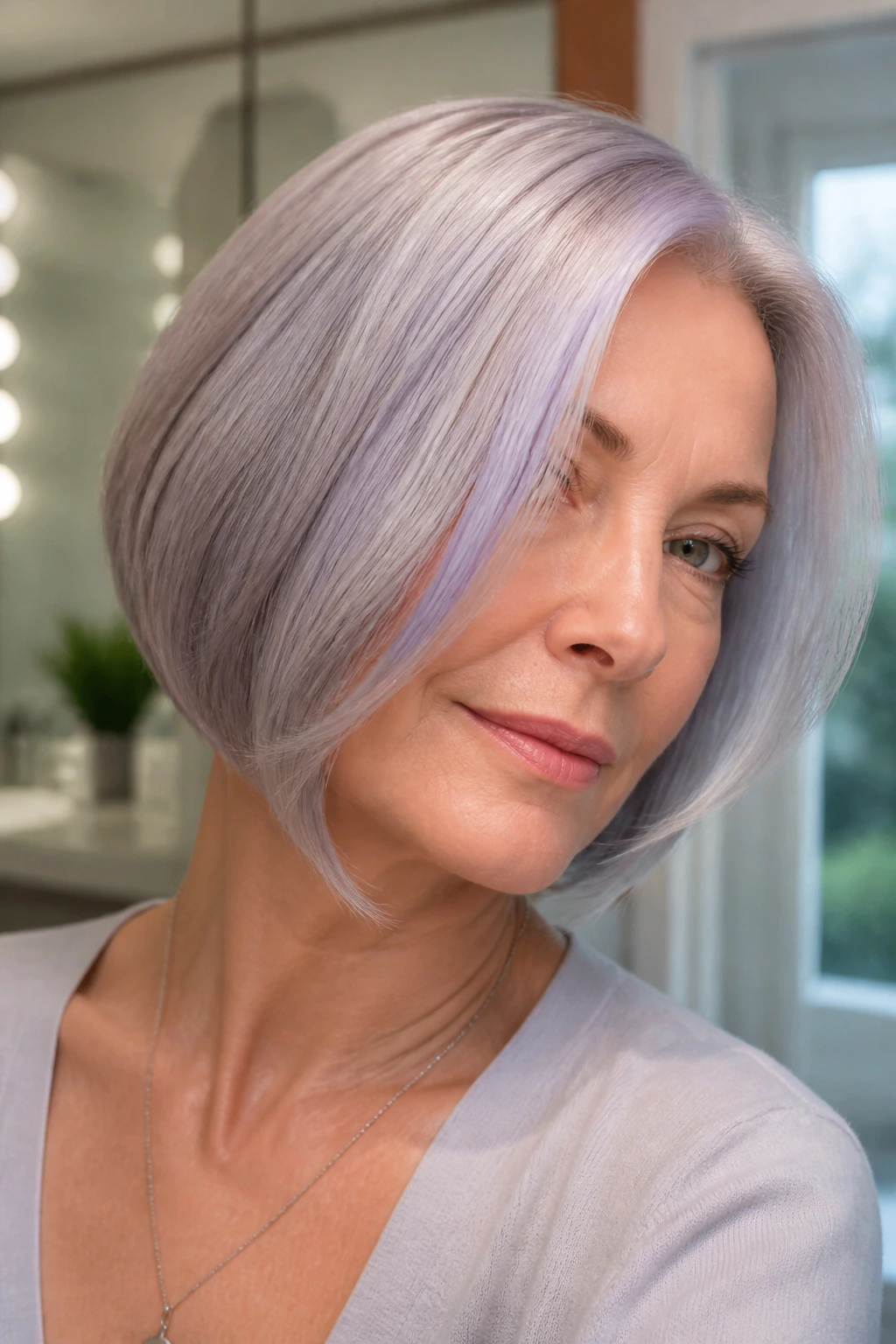 Close-up of real person with violet-toned silver glossy hair