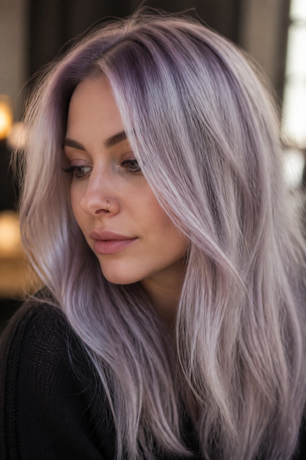 Close-up portrait of a real person with violet-toned blonde hair in soft window light