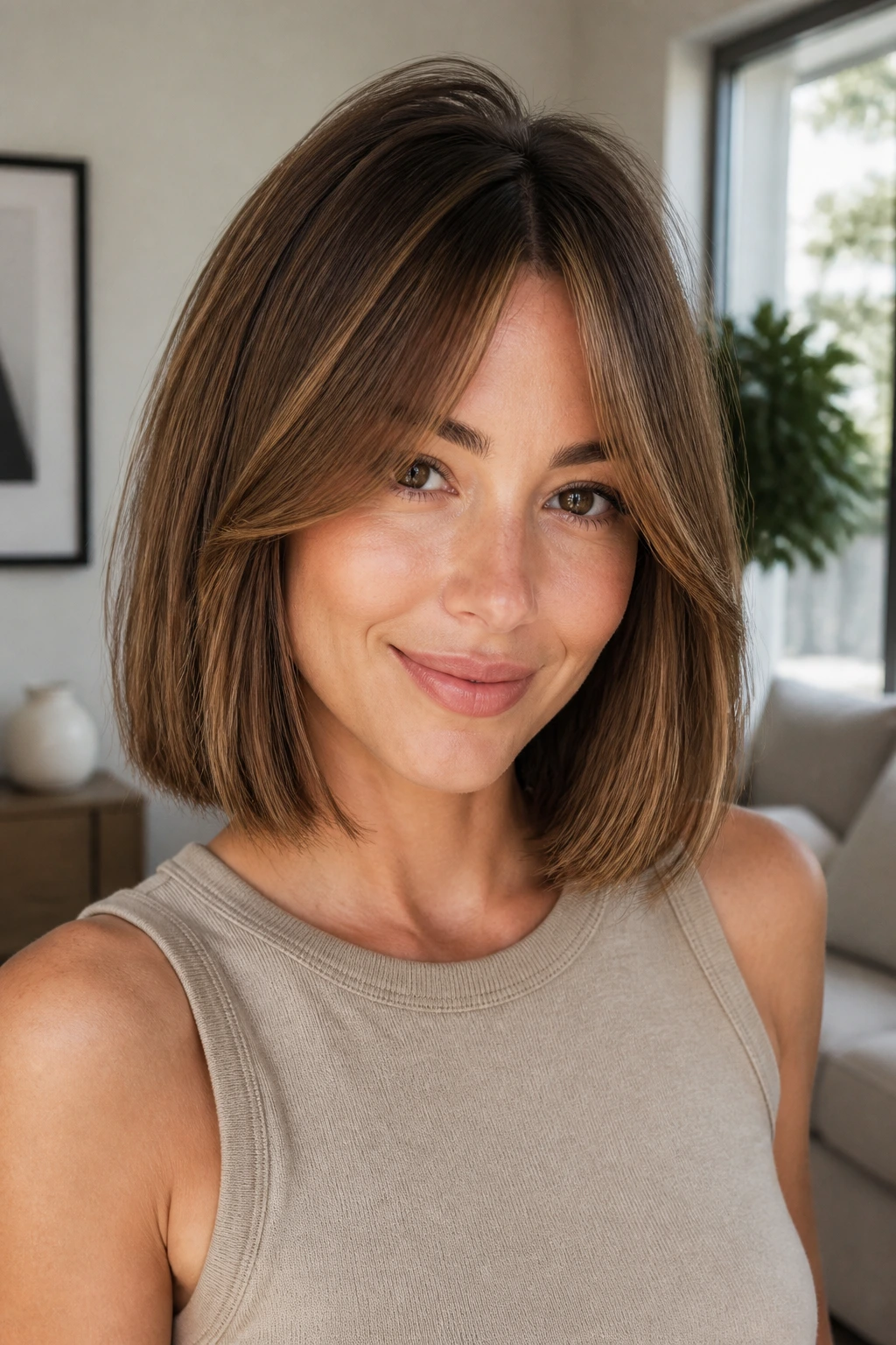 Portrait of a woman with blunt volume-boosting bob and curtain bangs.