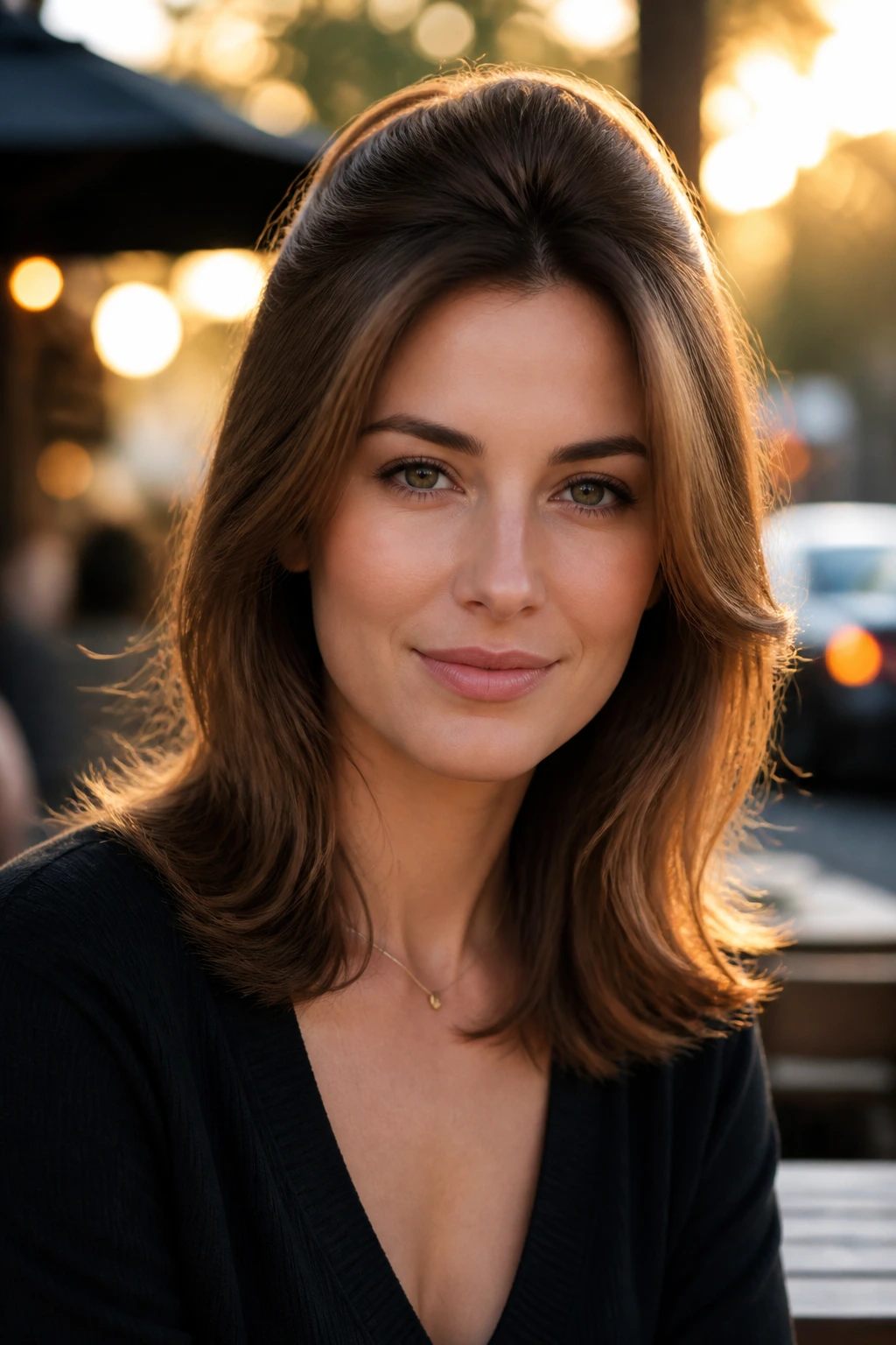 Close-up of a real person with a lifted crown hairstyle and soft ends under golden hour light.