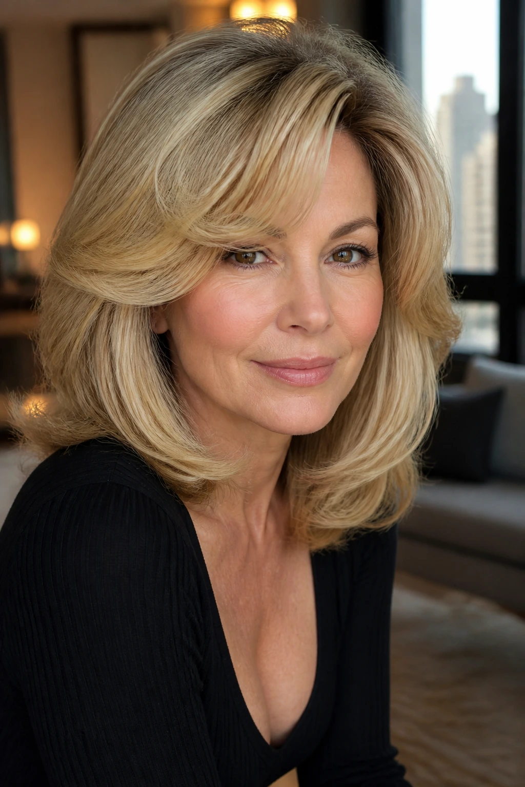 Close-up of a woman with voluminous blowout bangs in stylish apartment lighting
