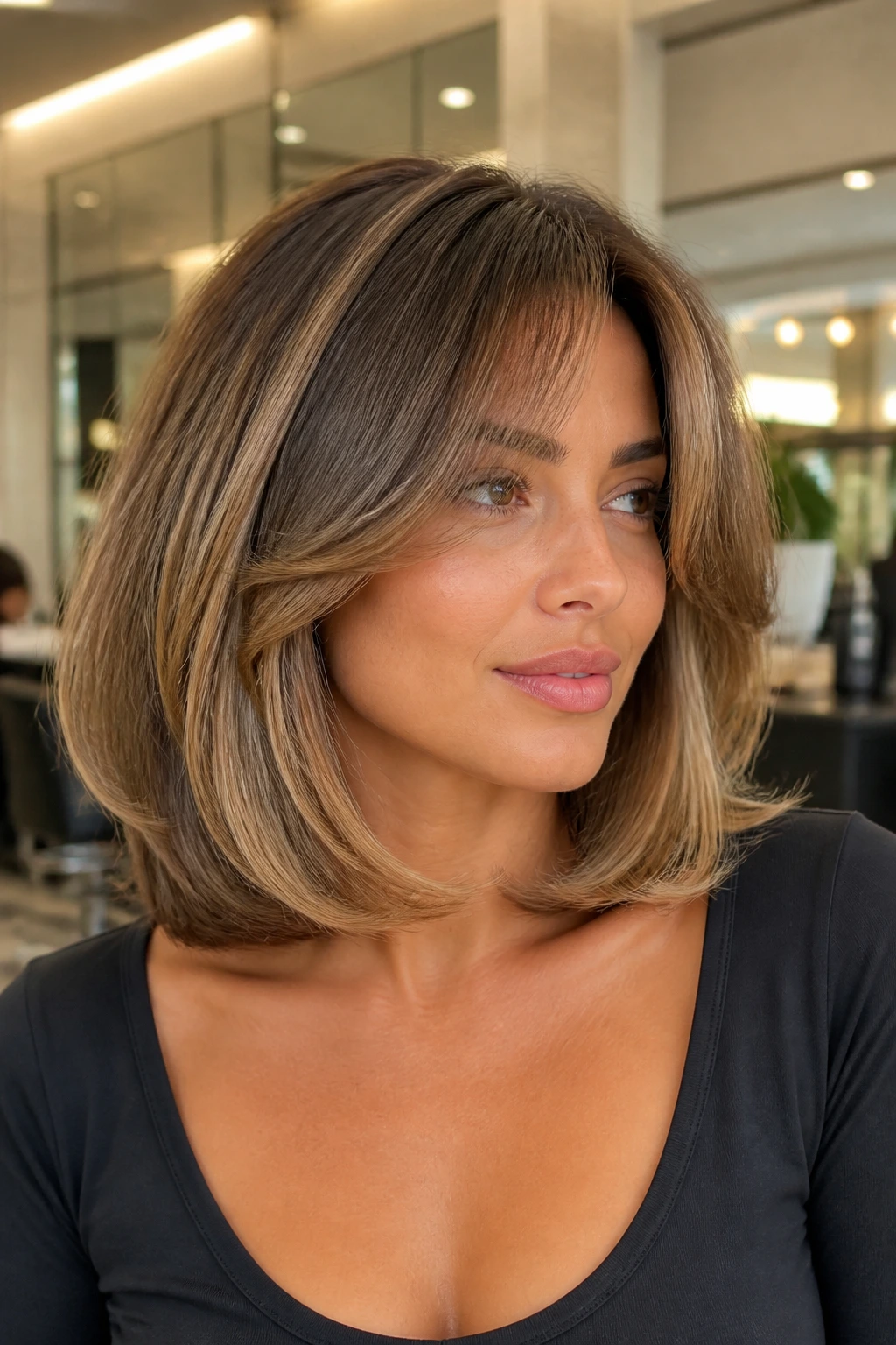 Portrait of a real woman with a voluminous blowout bob and curtain bangs, glossy