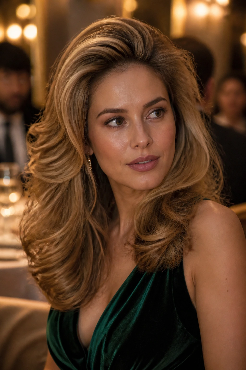 Woman with voluminous blowout in warm dining room lighting