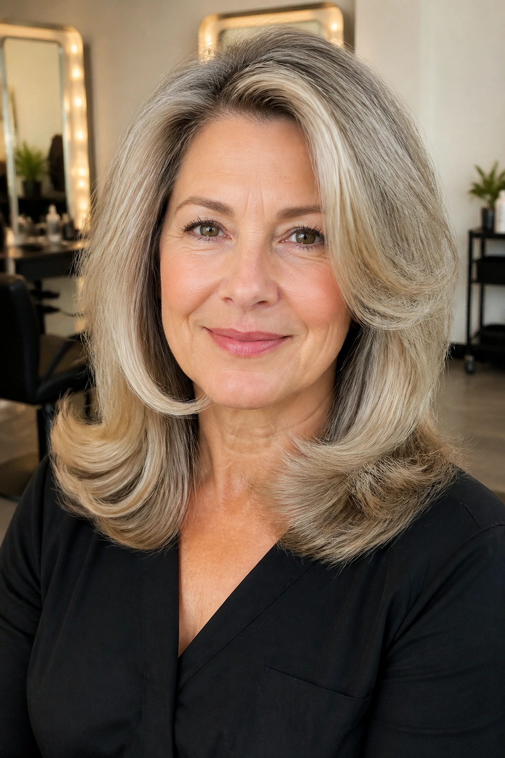 Close-up portrait of a real woman with voluminous blowout layers at shoulder length