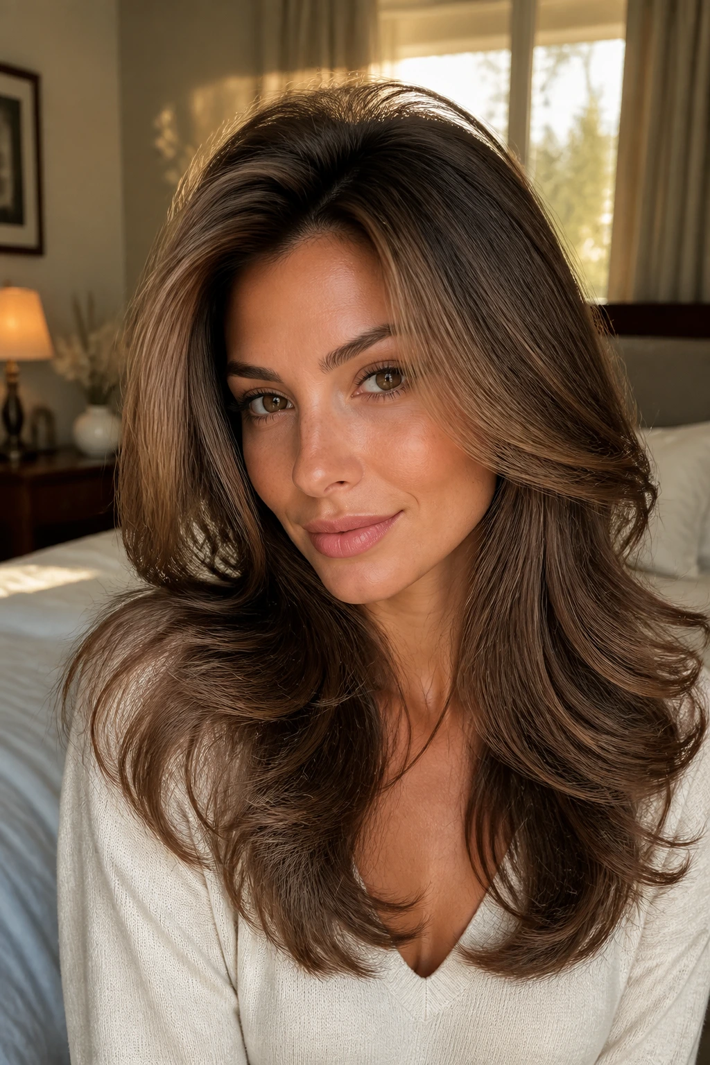 Close-up of real woman with voluminous blowout layers and lifted roots