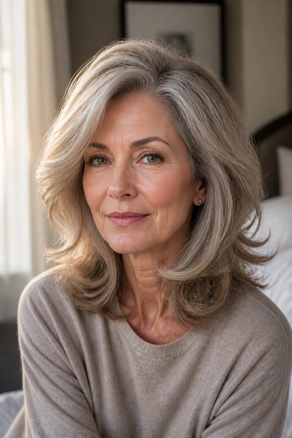 Close-up of a real woman with voluminous blowout on a medium cut, crown lift