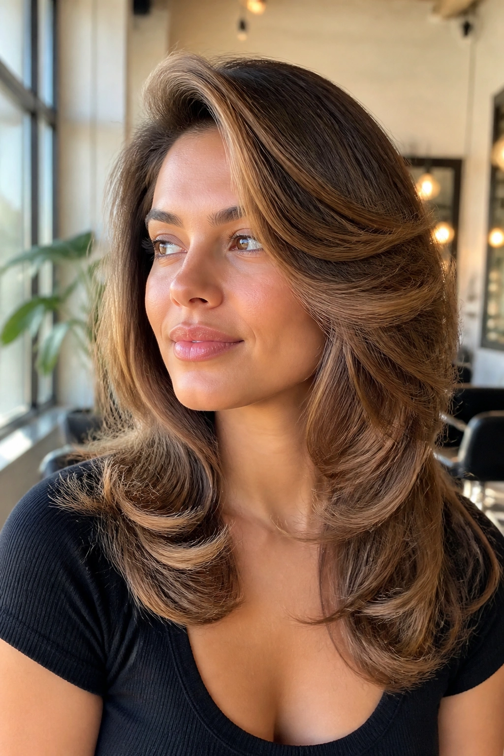 Close-up of a real woman with voluminous blowout and side flip under warm window light