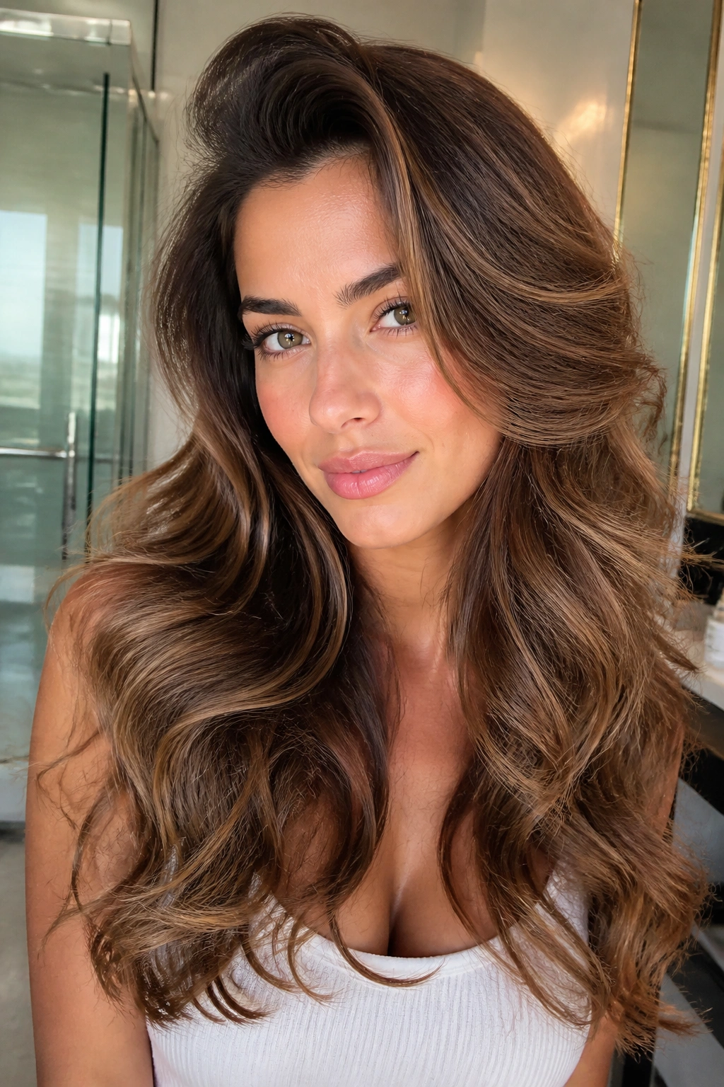 Close-up of a real woman's voluminous blowout waves with lifted crown