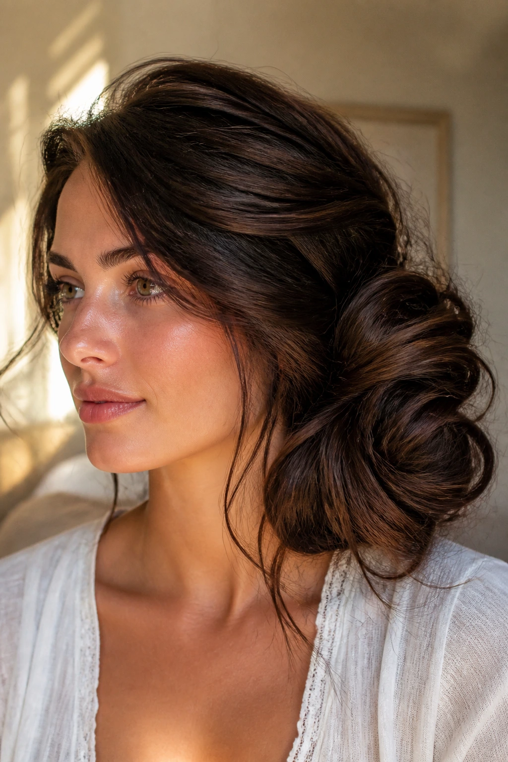 Real woman with a large voluminous side bun made from thick hair