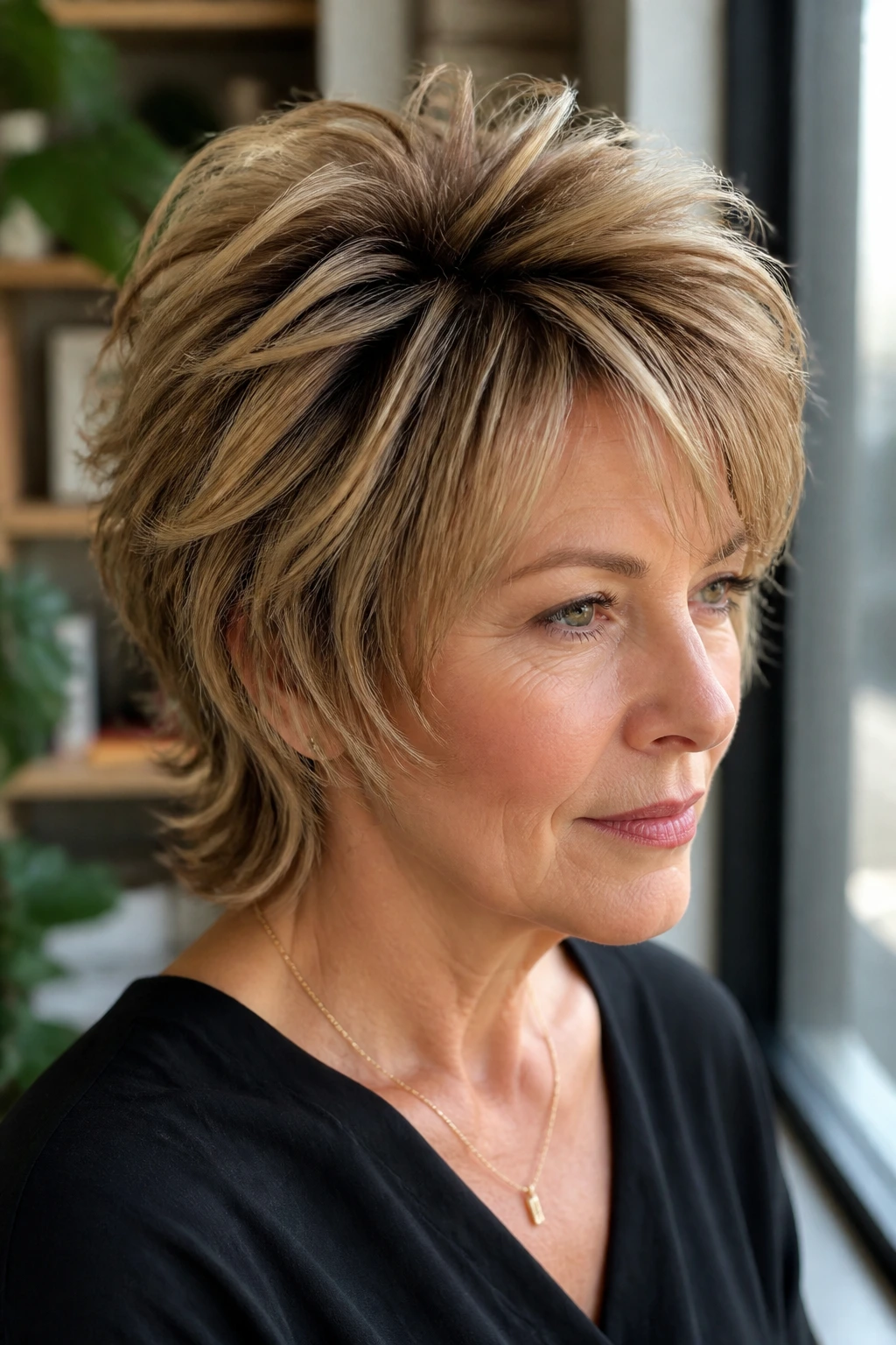 Close-up of a woman with voluminous crown shag hairstyle.