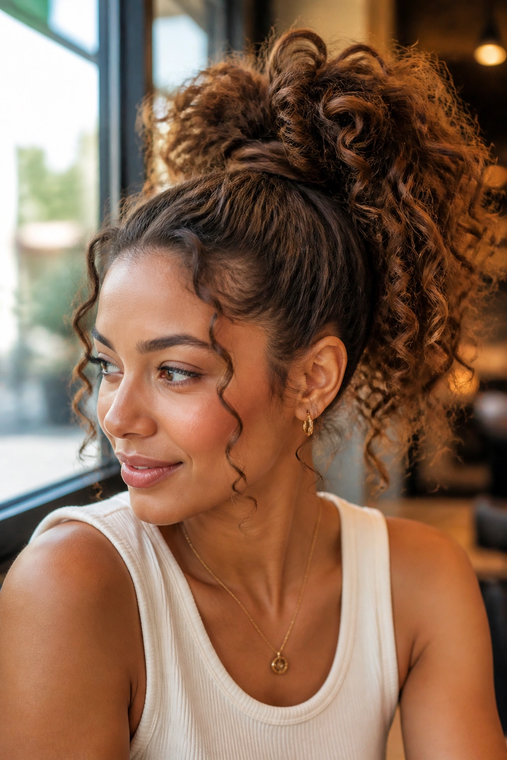 Close-up portrait of a real woman with a voluminous curly ponytail