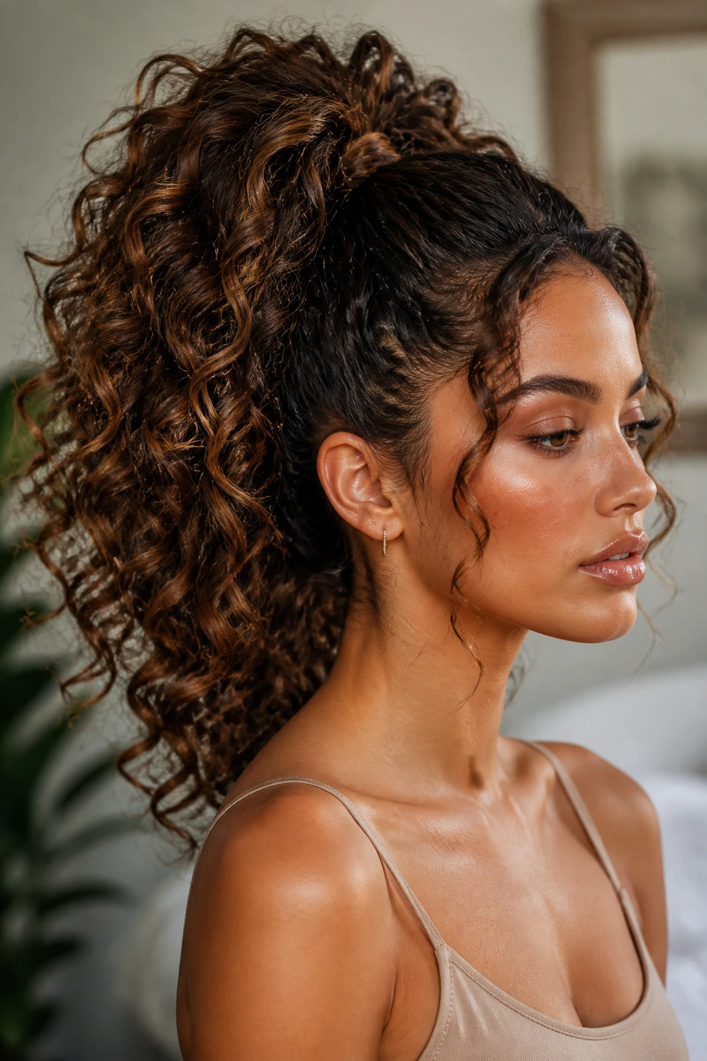Real person with a voluminous curly high ponytail under natural light