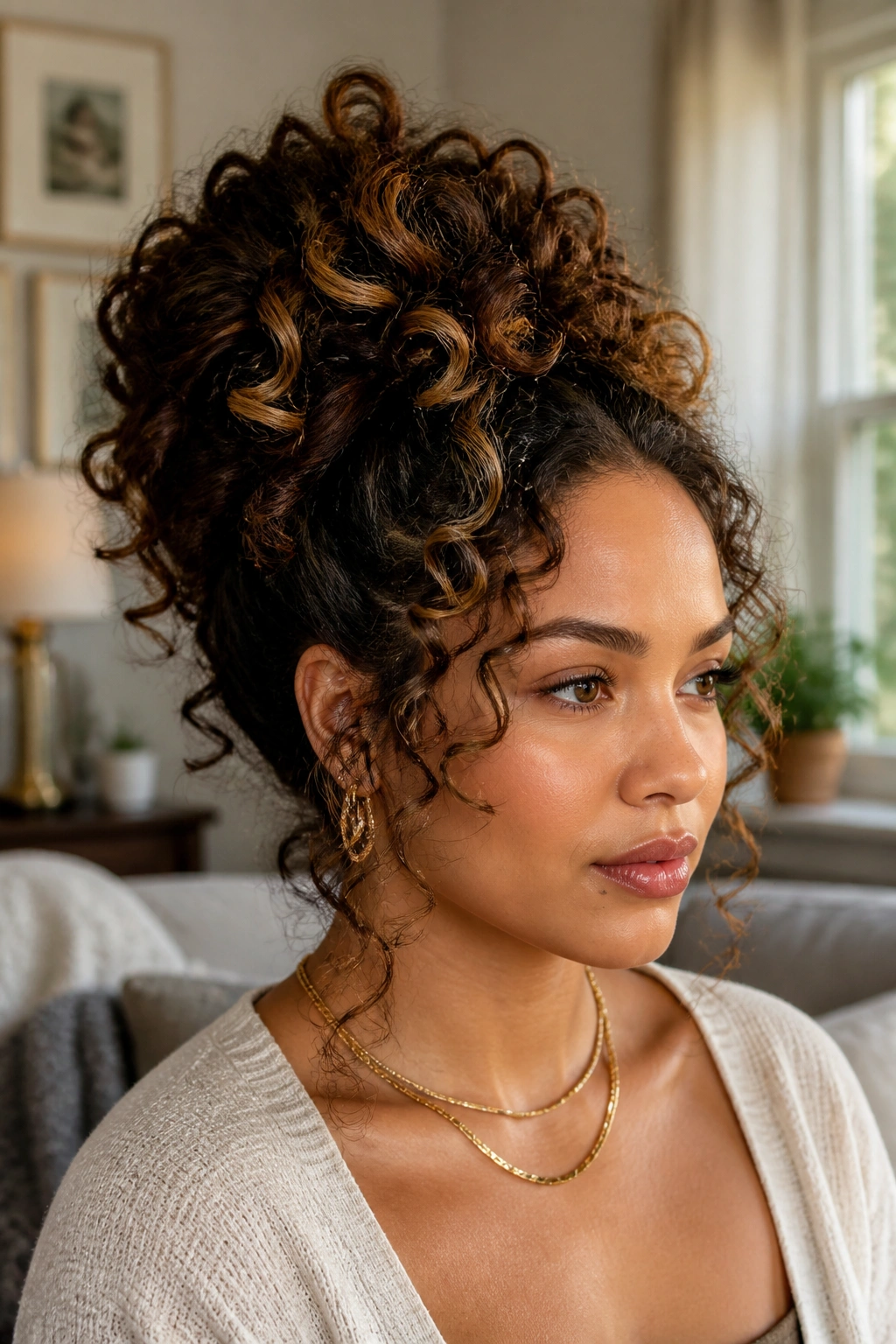 Close-up of real woman with voluminous curly twisted updo in warm daylight.