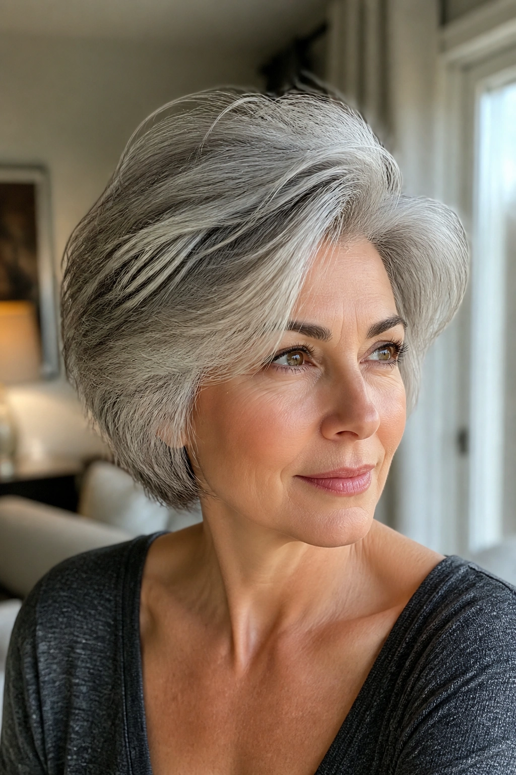 Portrait of a woman with voluminous crown on fine gray hair