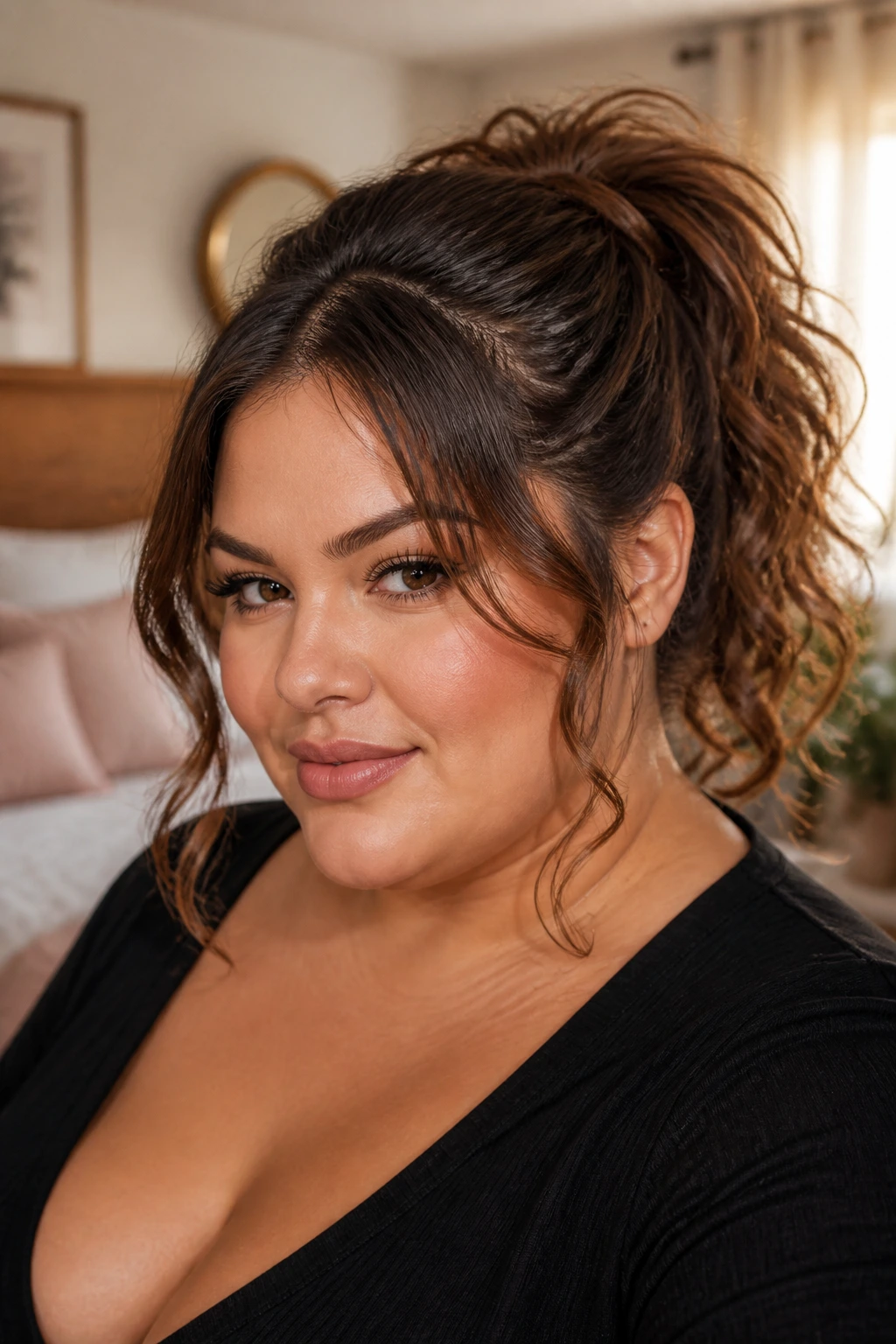 Real woman with voluminous high ponytail and face-framing tendrils in warm bedroom light
