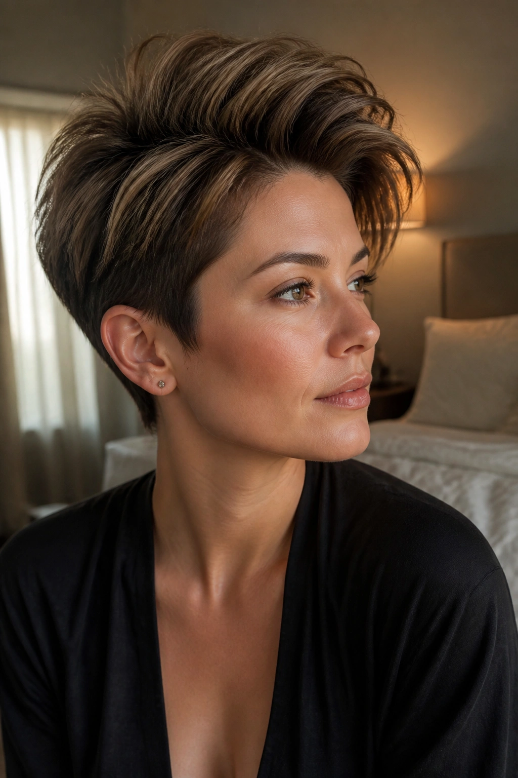 Close-up portrait of a real woman with voluminous pixie and lifted crown roots in a warm bedroom