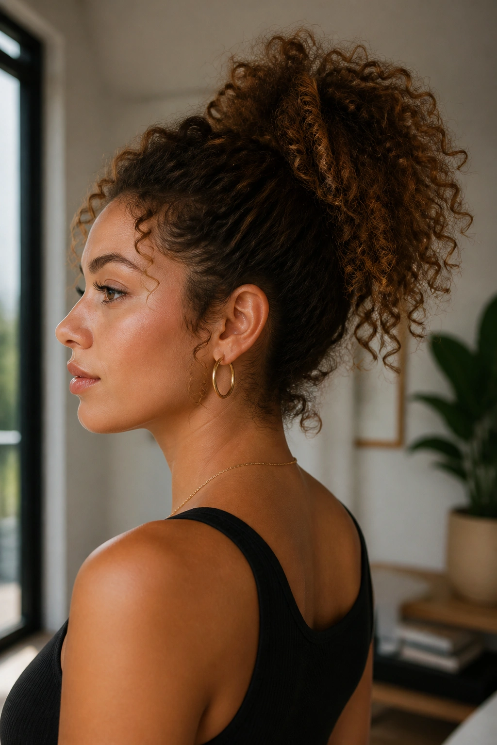Real woman with a high voluminous curly ponytail in natural light