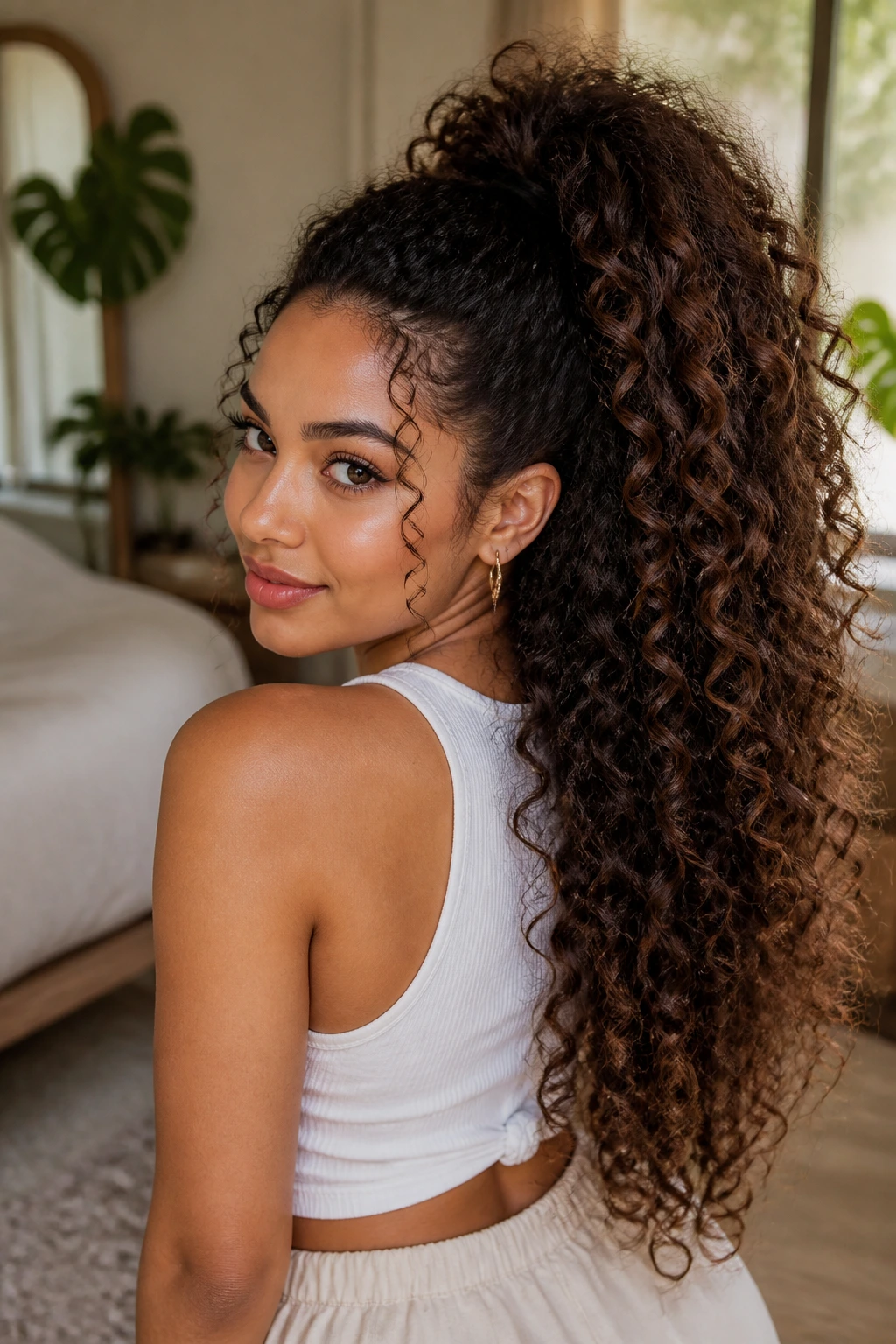 Real person with a voluminous high ponytail showing curly lengths under natural light
