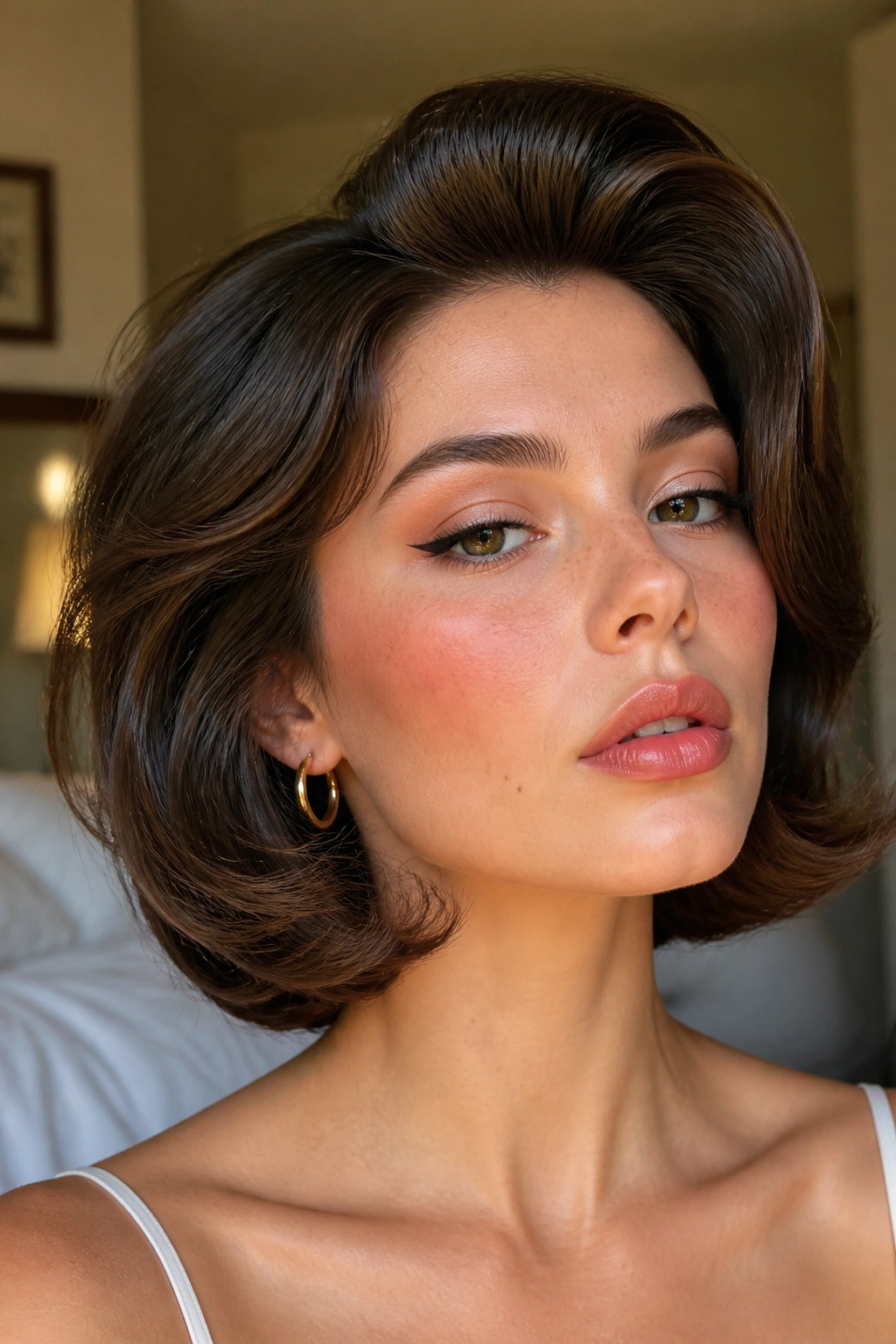 Close-up of a real woman with voluminous retro faux bob under warm window light