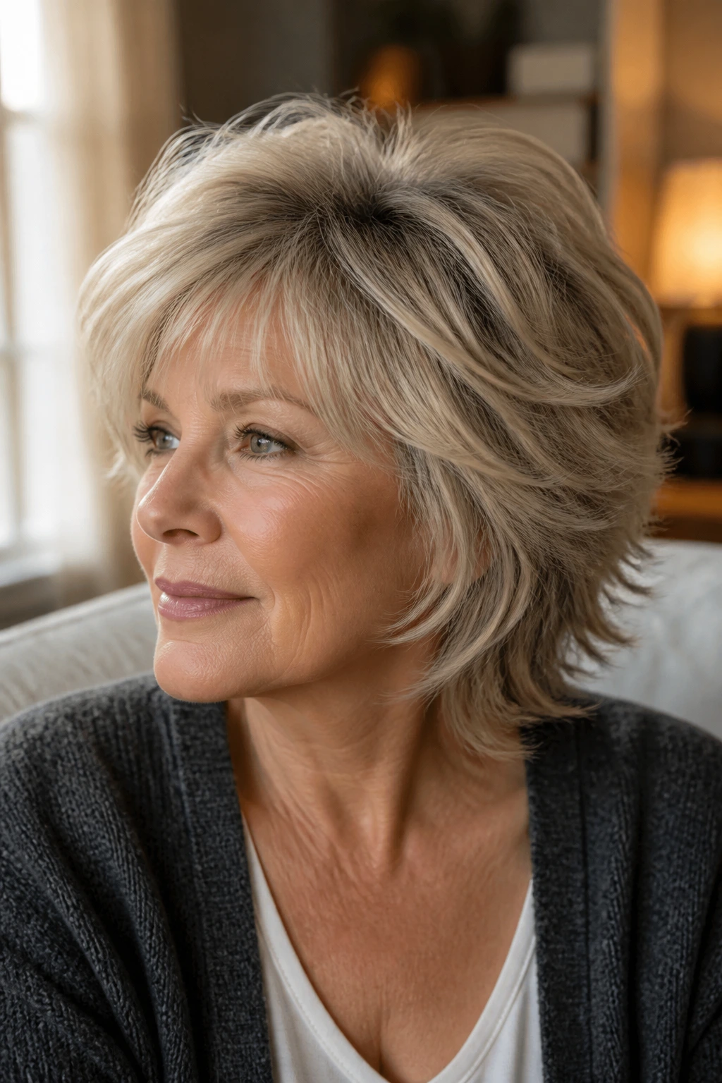Close-up portrait of a real woman with voluminous shag for thinning hair and crown lift