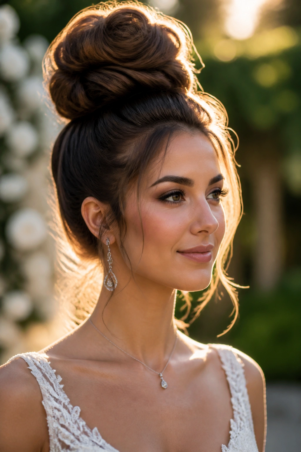 Portrait of a bride with a high voluminous top bun