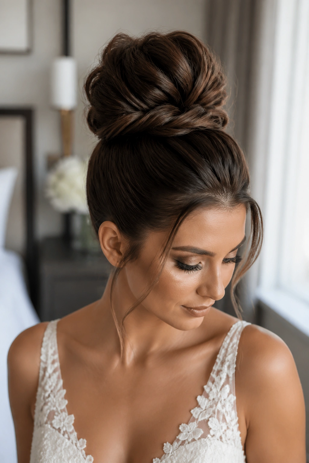 Close-up of a bride with a voluminous top knot in a modern bridal suite