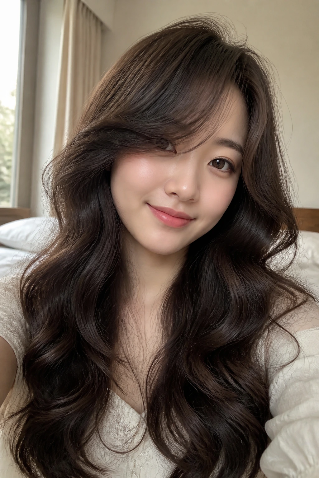 Close-up of a real woman with voluminous perm waves and side-swept bangs in soft window light.