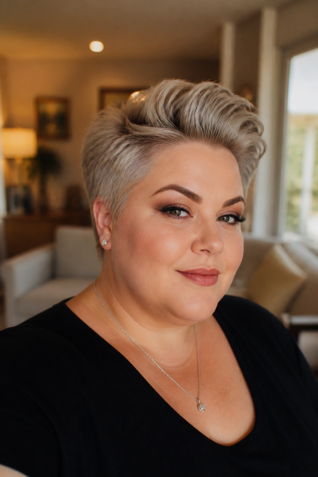 Close-up portrait of a real woman with volumized crown pixie in warm living room light