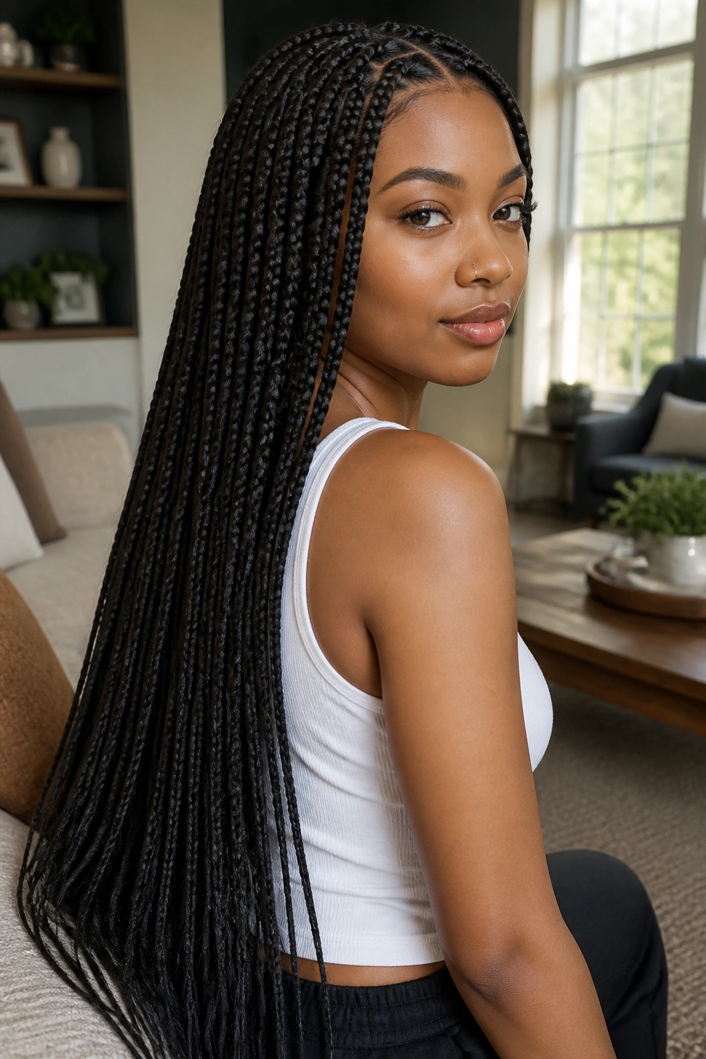 Close-up of a real Black woman with waist-length box braids in a cozy living room.