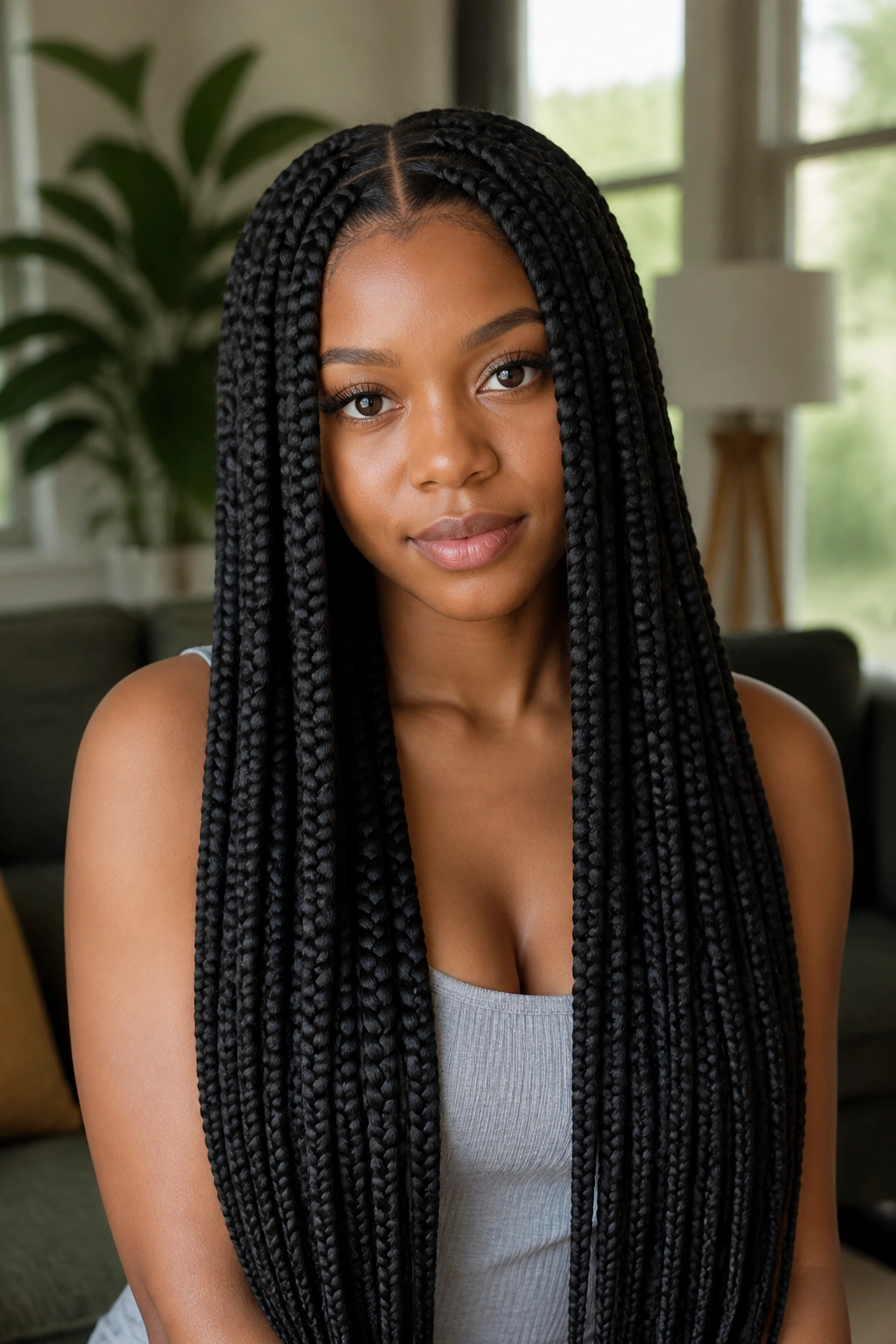 Close-up portrait of a real person with waist-length jumbo box braids and a clean center part