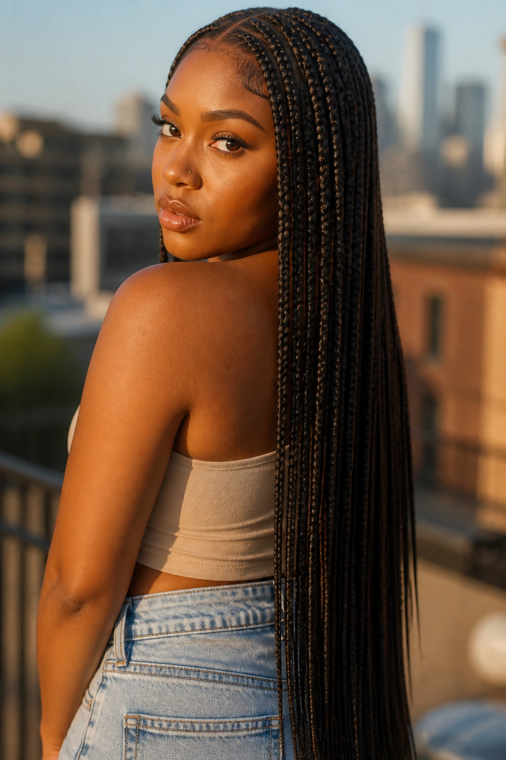 Portrait of a real woman with waist-length feed-in braids outdoors in golden hour light