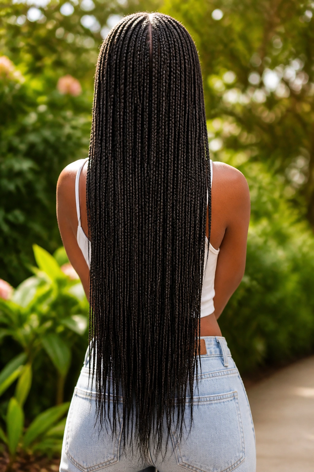 Back-of-head view of waist-length micro braids with a clean middle part in natural light