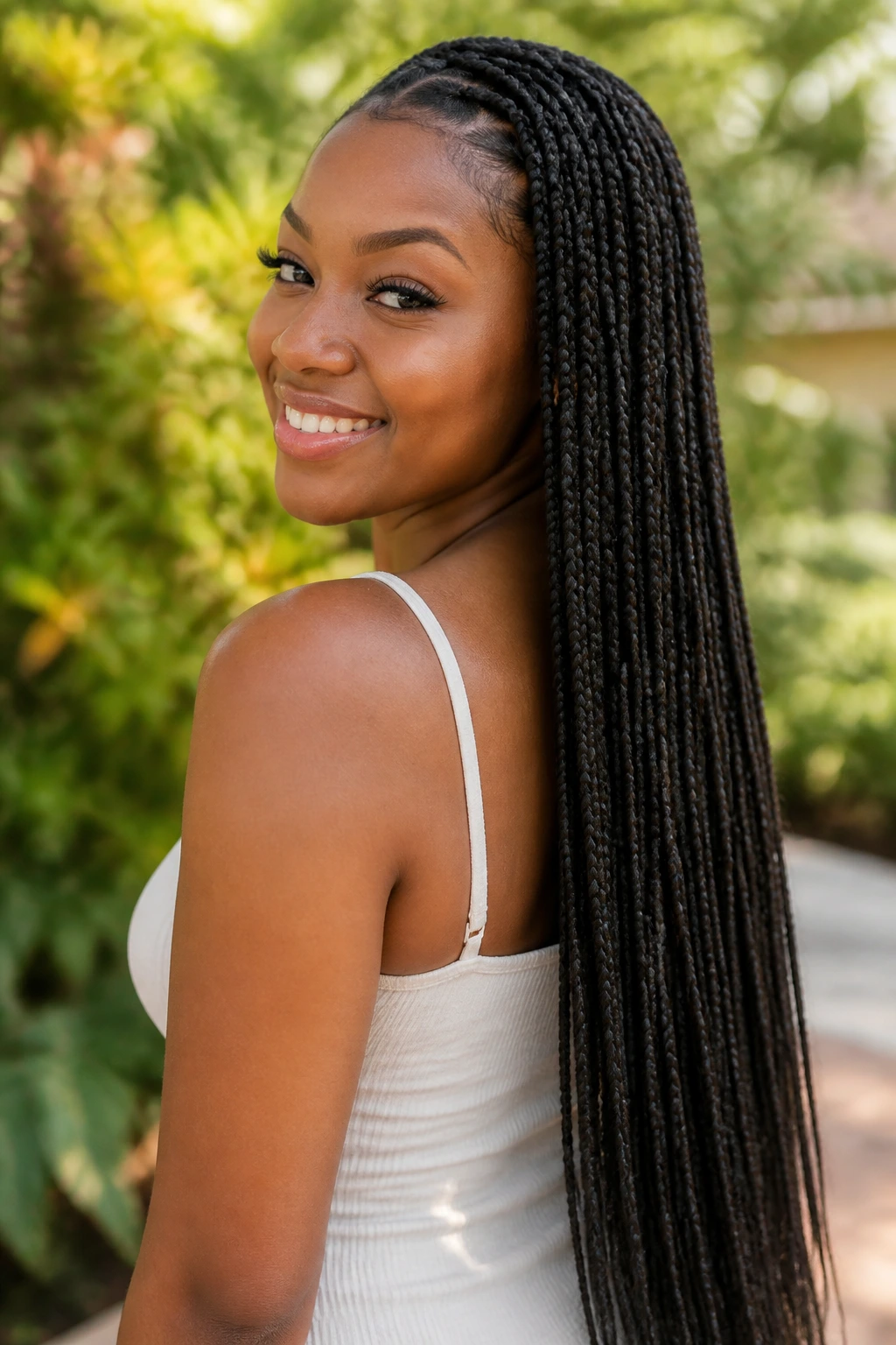 Close-up of a real woman with waist-length braids cascading behind her shoulders