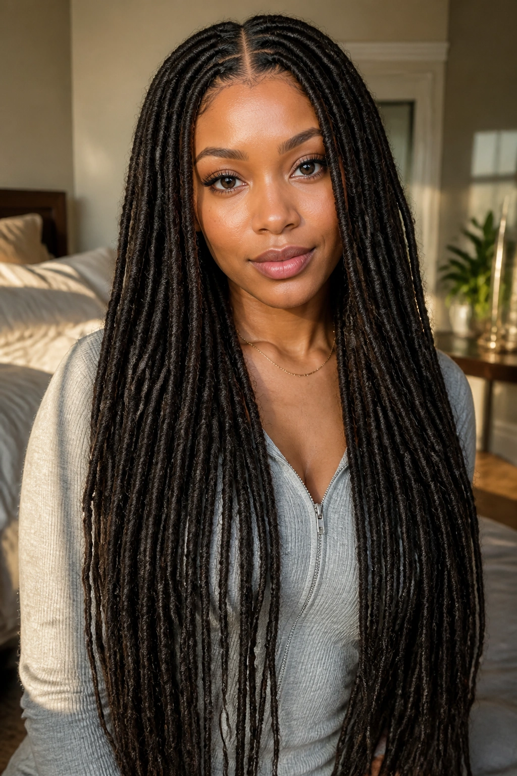 Close-up of a real person with waist-length faux locs and a center part