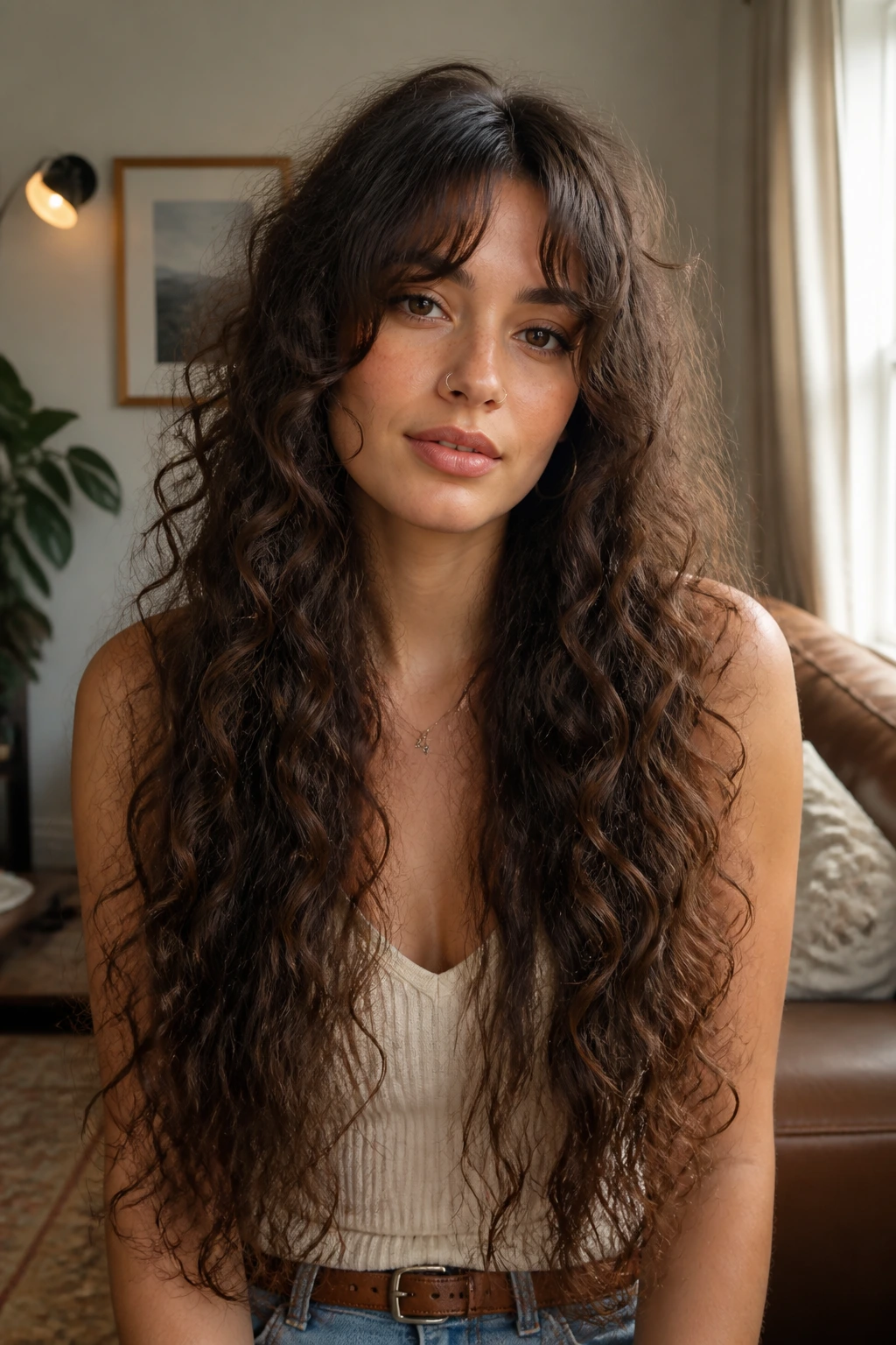 Close-up portrait of a real person with waist-length curly hair and curtain bangs blending into layered ends in a warm living-room setting.