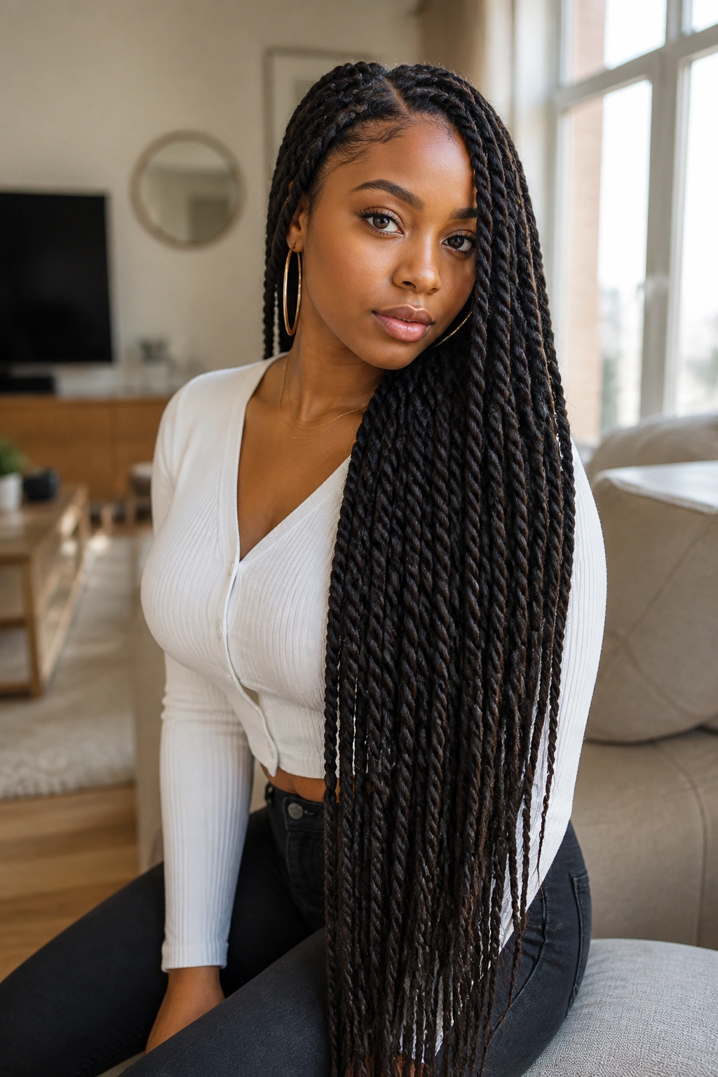 Portrait of a real woman with waist-length hanging twists on stretched hair