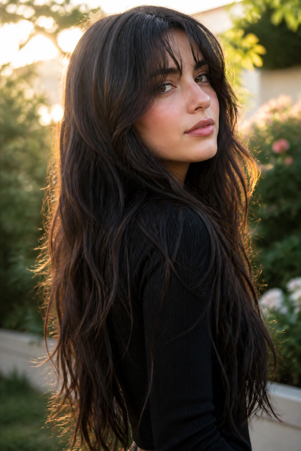 Close-up of real woman with waist-length long wolf cut in golden hour garden light.
