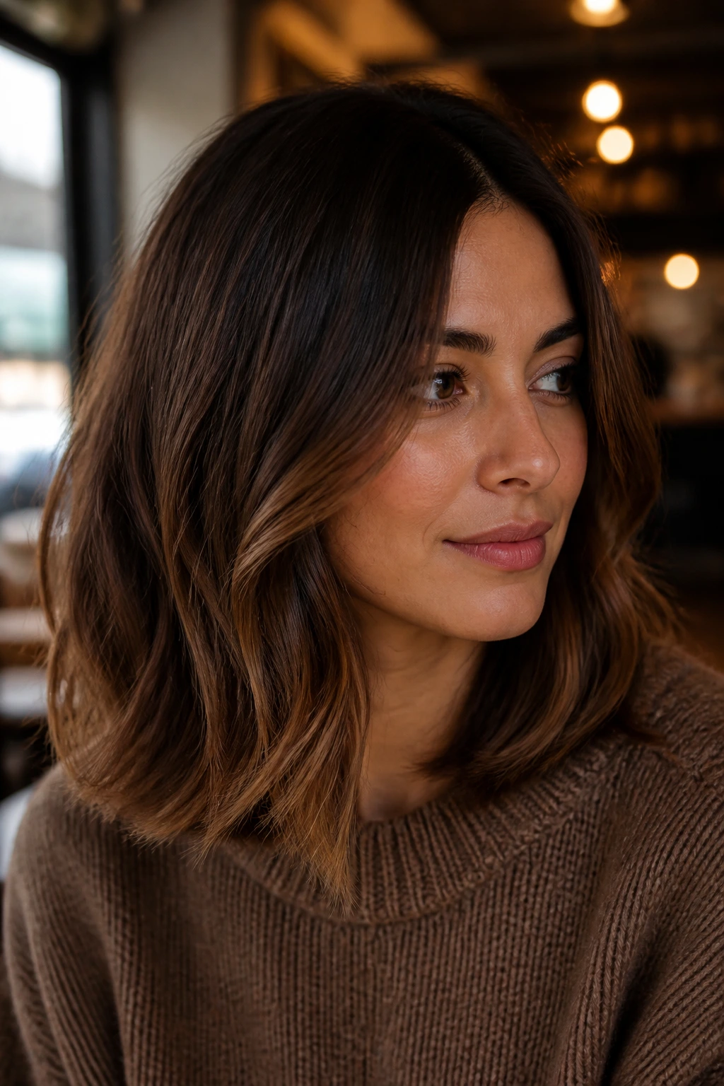 Close-up of a woman with walnut balayage and tapered ends